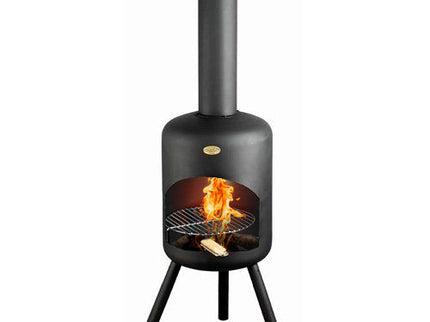 BonFeu BonSelo tuinhaard zwart productfoto met vuur en grillrooster
