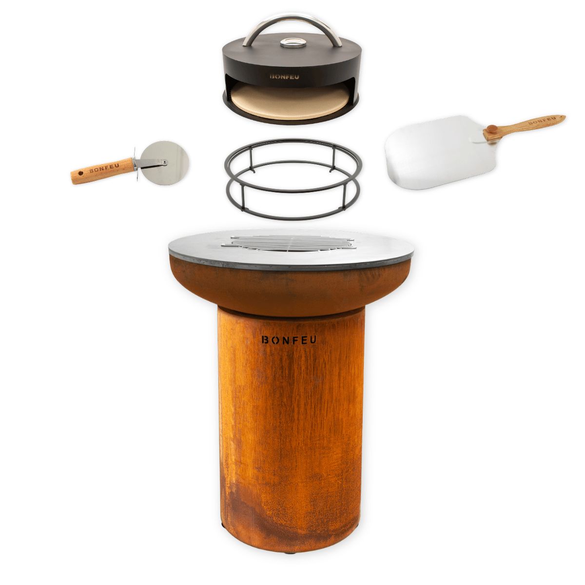 Pakketdeal BonFeu BonBiza corten + pizzaoven + standaard + pizzaschep + pizzasnijder