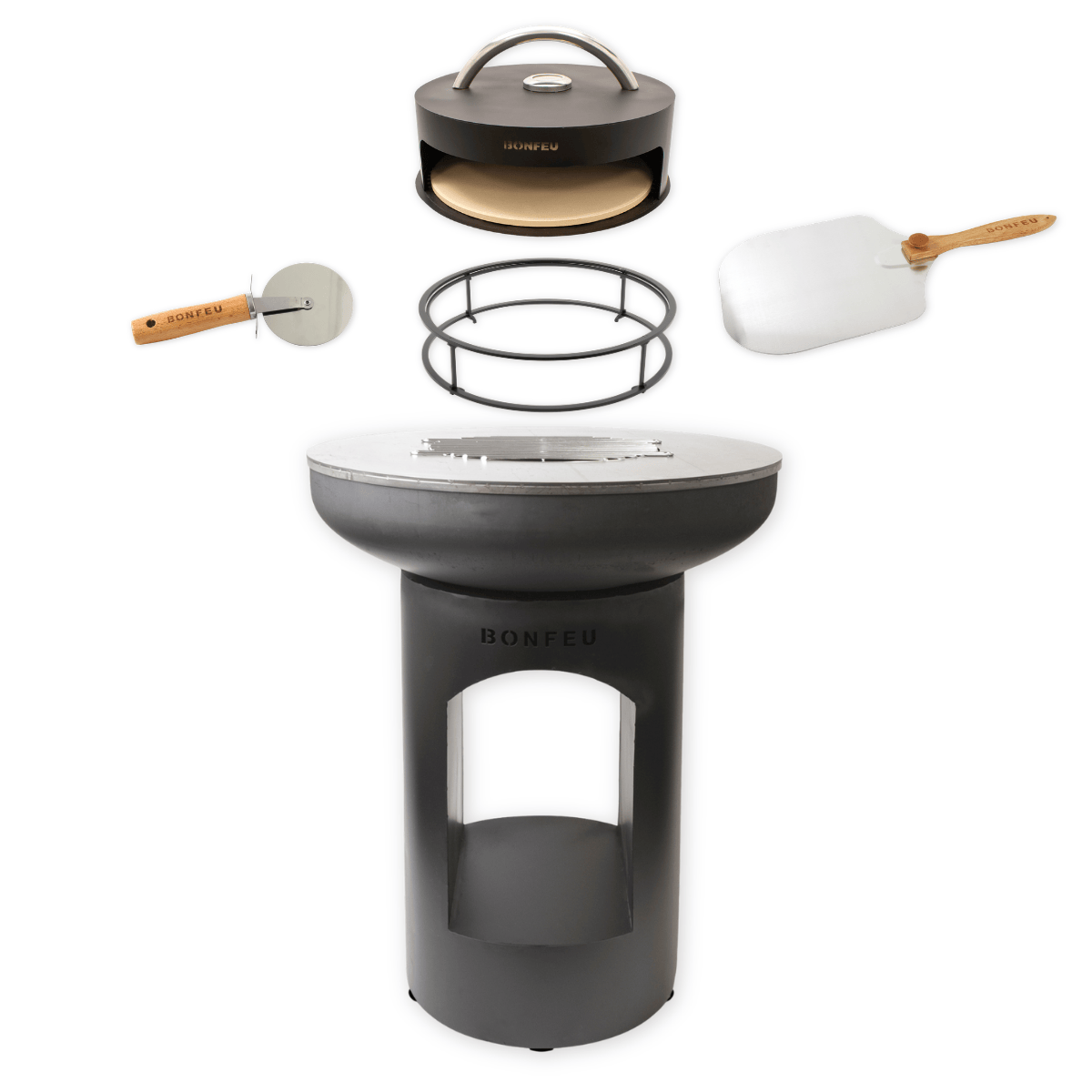 Pakketdeal BonFeu BonBiza open zwart + pizzaoven + standaard + pizzaschep + pizzasnijder