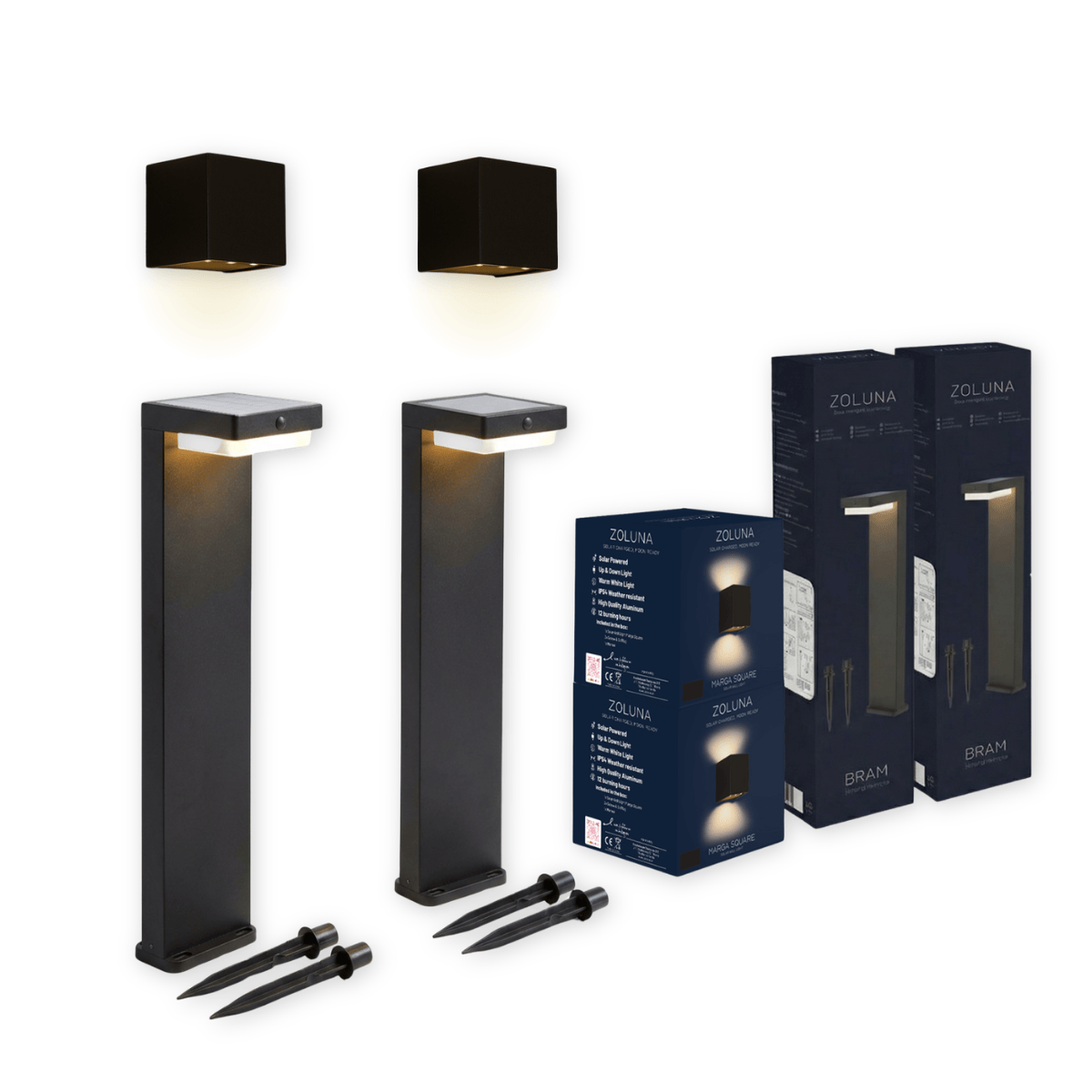 Pakketdeal ZOLUNA 2x priklamp Bram + 2x wandlamp Marga vierkant