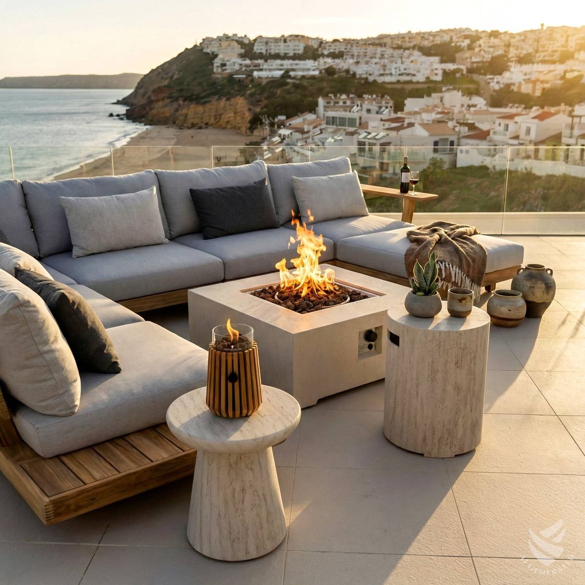 Happy Cocooning vuurtafel Estate Square 88 travertin